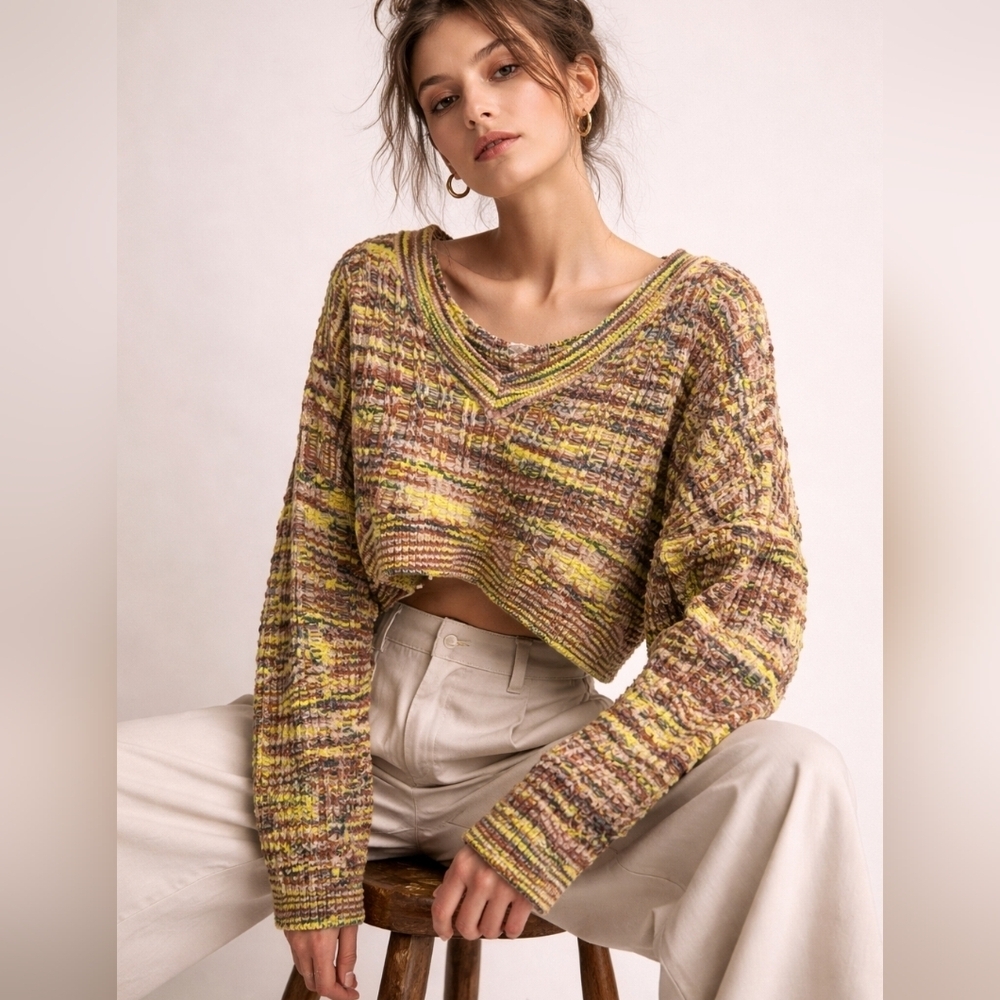 Silence + Noise Multicolor Textured Cropped Sweater | Chunky Knit V-Neck XS/S
